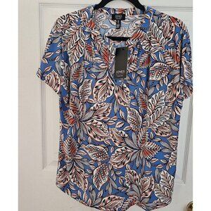 NWT Jones NEW YORK Blouse Womens L Top Floral Short Sleeve Blue White